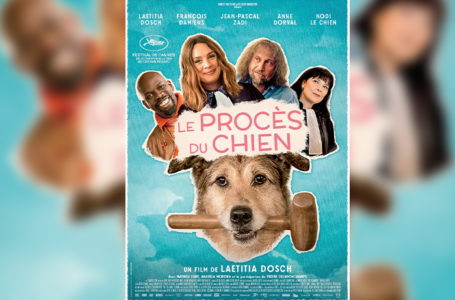 Affiche du film "Le Procès du chien". Un chien avec un marteau dans la bouche et le visage des quatre acteurs principaux du film derrière lui.