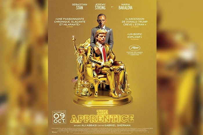 Affiche du film "The apprentice" avec l'acteur principal incarnant Donald Trump assis dans une chaise dorée et vêtu d'un costume de la même couleur.
