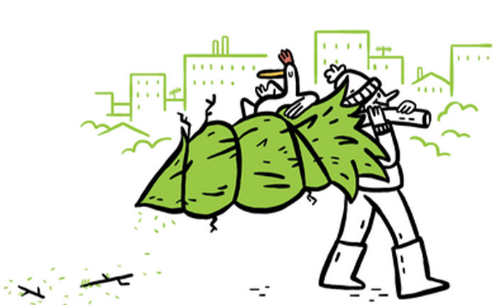 Dessin d'un homme portant un sapin sur son épaule.
