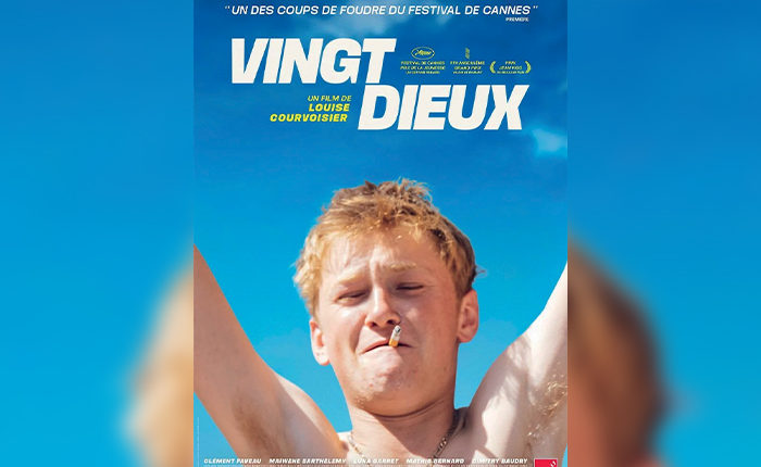 Affiche du film "Vingt Dieux", avec le personnage principale ayant une cigarette à la bouche et les bras levés.