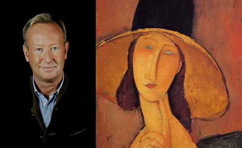 Photo à gauche de Serge Legat et d'une oeuvre d'Amadeo Modigliani à droite.