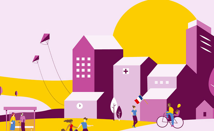 Dessin d'une ville avec des personnages se baladant ou faisant du vélo.