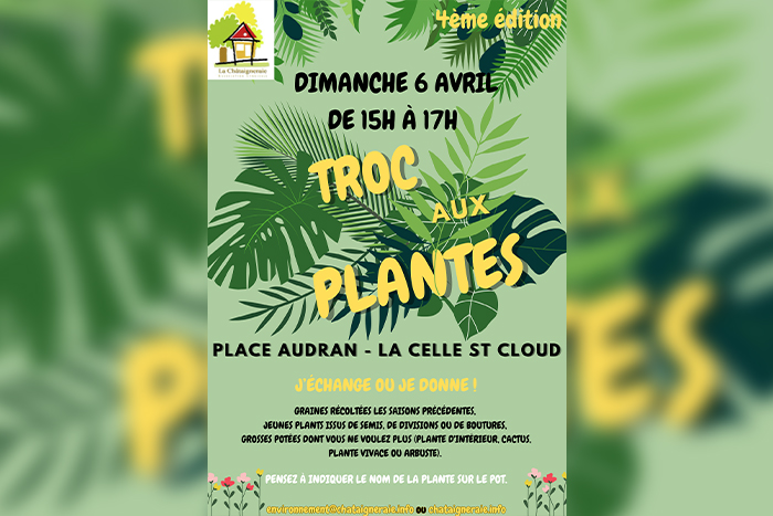 Affiche de l'événement "Troc aux places" avec dessus : dates, horaires, lieu et activités proposées.