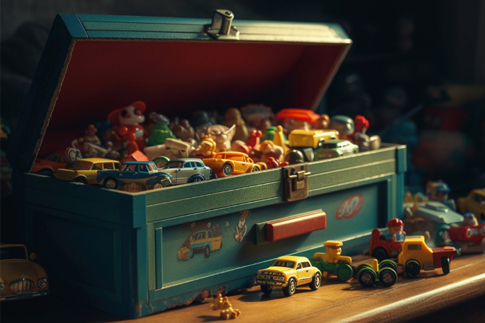 Caisse avec des jouets dedans